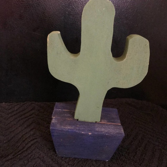 Wooden Cactus Handmade painted Green with Blue Base 8" - Picture 3 of 7
